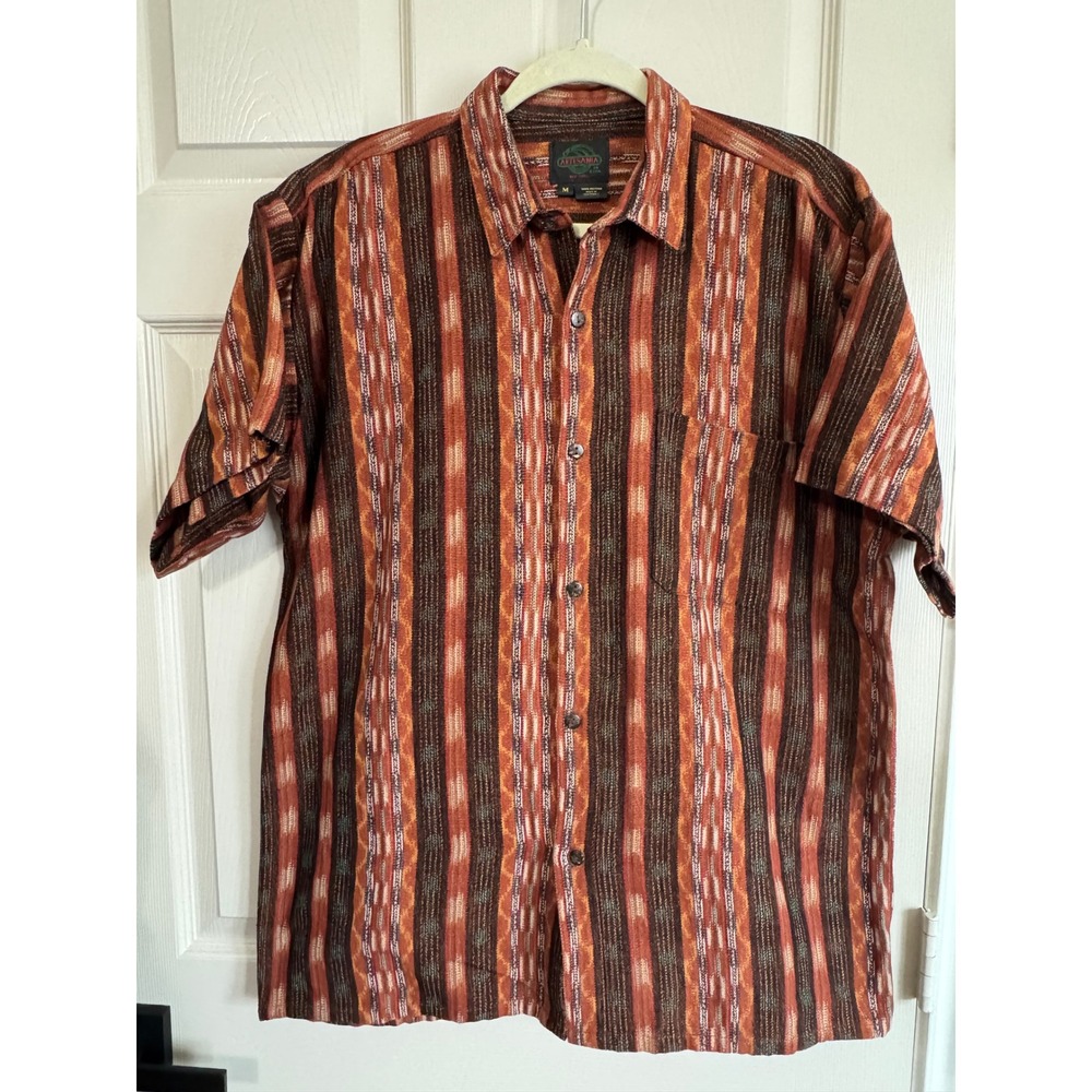 Artesania Shirt Mens M Brown Orange Striped Ikat Boho Hand Loomed Cotton Artisan